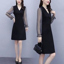 예복원피스 아나운서 빅사이즈 빈티지 도트 인쇄 패치 워크 메쉬 긴 소매 드레스 여성 Office 레이디 한국