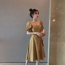 [이꾸띠] 샤히다브르이리 여성 여름 스퀘어넥 2컬러 무지 퍼프소매 버튼 무릎길이 원피스