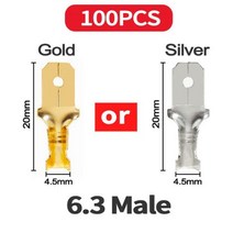 100 개/몫 2.8/4.8/6.3mm 남성과 여성 스페이드 압착 단자 골드 황동/실버 자동차 스피커 전기 와이어 커넥터 Termin, Gold, 6.3Male - 100PCS