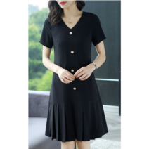 에버리씽 여성 브이넥 주름 반팔 단추 롱 원피스 Q450