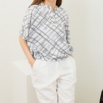 미즈스토리 라운드 반오픈 밑단스트링 반팔 체크 블라우스 (3color)
