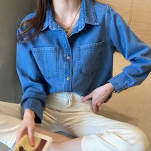 청난방 청남방 여자 청 남방 난방 데님 셔츠 블라우스 여성 봄 빈티지 미니멀리스트 포켓 레저 올 매치 소프트 일본 스타일 우아한 기본 feminino tops college