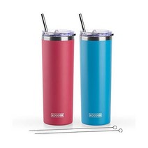 koodee 빨대 달린 591 5ml(20온스) 스키니 텀블러 스테인리스 스틸 이중벽 단열 슬림 여성 남성용 DIY 생일 선물 (퍼플) 미국직송, 2 Count (Pack of 1), 와인 레드-스카이 블루