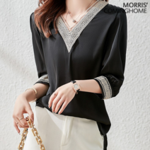모리스커밍홈 한정수량/패플단독 모리스커밍홈 레이스 모티브 브이넥 7부소매 블라우스_M2205BL616B