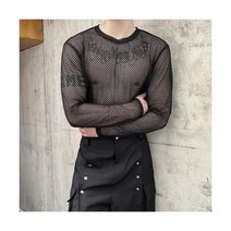 남성 메쉬 투명 긴 티셔츠 나이트클럽 무대 의상 빈티지 블랙 화이트 셔츠
