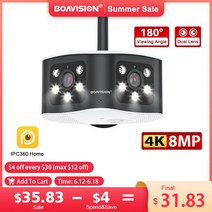 휴대용 와이파이 에그 포켓와이파이 BOAVISION 야외 초광각 파노라마 듀얼 렌즈 고정 IP 카메라 AI 인간 감지 보안 캠 4K 8MP 6MP 180 °, 24.8MP WIFI Add 32G TF - 영국 플러