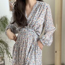 [랜덤플레이]브이넥 루즈핏 플라워 포켓 롱 원피스
