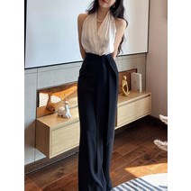바디프로필컨셉 하이레그 여름 점프 수트 프랑스 슈트 여성 캐주얼 민소매 블랙 앤 화이트 크롭 탑스 루즈 팬츠 오피스 레이디 의류 여성용 android Black and White