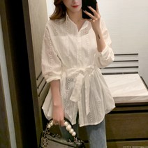 라오농 셔츠여성 봄 여름 가을 카라넥 긴팔 펀칭 허리리본 레이스 +2d507LL