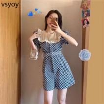 VSYOY 작은 점프 수트 프랑스 복고풍 높은 기질 체크 무늬 2023 새로운 여성 여름 패션 반바지