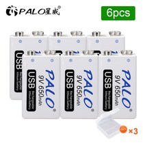 호환용배터리 palo 9v 충전식 배터리 650mah 6f22 micro usb 9v 리튬 이온 리튬 배터리 멀티미터 마이크 장난감 원격 제어 ktv, 6개