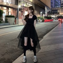 KORELAN_ 여름 빈티지 네크라인 큼지막한 블랙 스커트가 허리를 여미고 날씬해 보이는 언발 반팔 원피스 여풍KORELAN