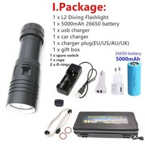 라이칸 방수 IPX8 다이빙 손전등 XM-L2 노란색 흰색 LED 토치 수중 80 메터 램프 빛 캠핑 사용 26650 18650 배터리101785, I Package, Yellow Light