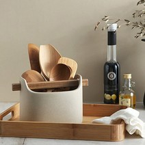 우드핸들 도자기 원형 타원형 수저통 4타입, 원형 화이트