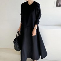 한국chic 가을 소프트 밀크 소프트 블루 라운드 패치 맨투맨 루즈핏 무릎까지 오는 롱 슬립형 원피스 여
