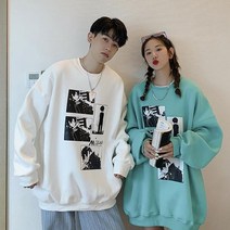 JUST FEEL!NG 커플시밀러룩 기모 오버핏 긴팔 프린팅 라운드넥 웹툰 커플 맨투맨 티 커플룩