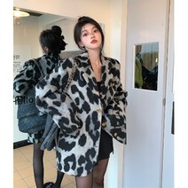 폴라도레 여성 가을 겨울 반 모직 코트 두꺼운 호피 면 재킷 아우터 XJ