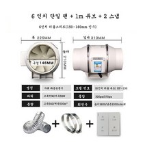 JINGHENG 소형 베란다 욕실 주방 연기 환풍기 원형 배출기 냄새, 6 인치 단일 팬 + 1m 튜브 + 2 스냅