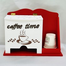 커피타임 우드 믹스 커피 티 종이컵 인테리어 보관함 티박스 탕비실용품, 레드