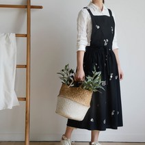 유이미 순면 방수 원피스 앞치마 자수포인트 앞치마, 꽃 블랙
