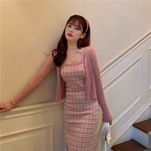 여성용 골지 가디건 + 체크 미니 원피스 세트