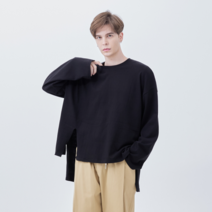 댄디무드 오버핏 언발란스 트임 라운드넥 롱 티셔츠