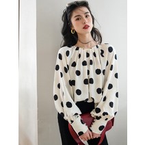 여성 라운드넥 쉬폰 블라우스 물방울 무늬 초봄 쁘띠 프렌치 시크 셔츠