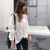베러댓걸 여성 오버핏 가을 유니크 매듭 노카라 무지 블라우스