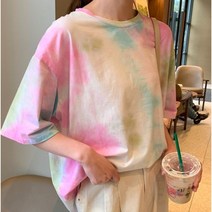 물나염 여성 5부롱티 반팔 그라데이션 타이다이 레인보우 무지개 크롭 형광 걸크러쉬 티셔츠