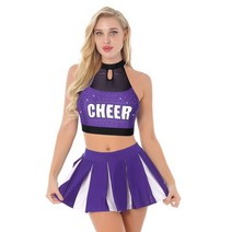 치어리딩복 치어리더 응원복 의상 여자 편지 인쇄 반짝 이는 치어 리더 의상 홀터 자르기 탑 컬러 블록 플리츠 스커트 라인 석 치어 리더 복장, 자주색, s