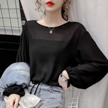 엠샵 여름긴팔티 레쉬 솔리드 라운드 쉬폰 얇은 T셔츠 블라우스 여성