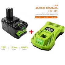 Ryobi P108 ONE+ 플러스 RB18L50 P104 P107 G용 18V 6.0Ah 9Ah 전동 공구 배터리 2개, 료비 18V ONE+ 플러스, 1x 6Ah 배터리 + 충전기