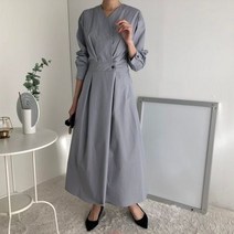 [실버캣] 여성 빅사이즈 허리 원버튼 포인트 롱 원피스