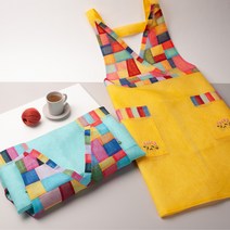 모시 V조각보 전통 꽃자수 유치원 어린이집 보육교사 한식당 예쁜 명절 한복 원피스 앞치마, 하늘색