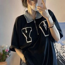 반집업반팔티 아메카지스타일 클래식 티셔츠 남성 여성 와이드 루즈핏 VY 자수 트렌드 데님 카라넥 4844024489, M사이즈, 블랙 데님 티셔츠