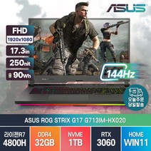 ASUS ROG STRIX G17 G713IM-HX020 라이젠7-4800H RTX3060 윈도우11, G713IM, WIN11 Home, 32GB, 1TB, AMD, 그레이