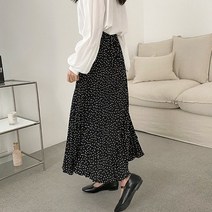 도트 주름스커트)봄신상 도트스커트 땡땡이치마 플리츠 롱스커트 롱치마 주름치마 폴리원단 쉬폰 땡땡이패턴 허리밴드 밴딩 검정