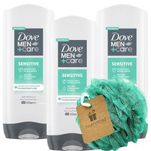 도브 남성용 + 케어 센서티브 3-in-1 바디 페이스 헤어 워시 3팩 하이드레이팅 프레시 민트 삼나무 향 각 382.7g(13.5온스) 플러스 보너스 샤워 수세미144713