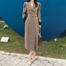 치콘 테일러드 바바리 더블 코트 카라 롱 원피스 트렌치코트
