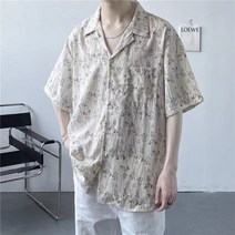 홍콩 스타일의 트렌디한 살구 반팔 꽃무늬 셔츠 여름 캐주얼 올 매치 남성용 잘생긴 옷깃 탑