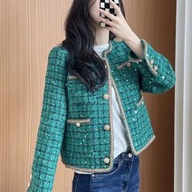 트위드 모던 자켓 봄 가을 크롭 싱글 재킷 세련된 디자인 스팽글 녹색 격자 무늬 자른 여성 패션 버튼 짧은 코트 빈티지 럭셔리
