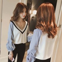 직장인 5월 학생하객룩 여리핏 목길어보이는 브이넥 소매퍼프 블라우스 긴팔티
