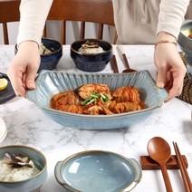 한국 여주도자기 깊은 직사각 손잡이 볼, 아쿠아블루