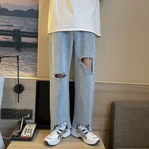 남성 패션 의류 단색 찢어진 청바지