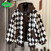 SHENGBO체커보드 점퍼 자켓 체크 패딩 아우터 가디건 후드 램스울 코트 여 플리츠 면 와이드 하프 플리스 상의S09026688