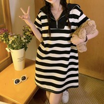 저스트메리드 블랙 굵은 스트라이프 줄무늬 카라 반집업 캐주얼 미니 원피스 C14