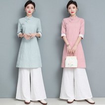 여성 여름 7부 복고 롱셔츠 철릭 퓨전 개량 한복 세트 와이드 팬츠 투피스