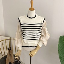 허니제이 / 모레딘 소매 주름 단가라 배색 니트(2color)