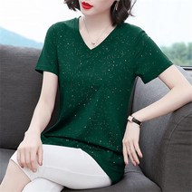 SJW 여름 반짝이 반팔티셔츠 순면 브이넥 루즈핏 빅사이즈 상의 중년여성 엄마 상의 M~5XL