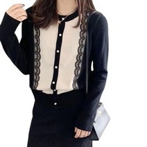 스타일아유 여성 가을 레이스 배색 가디건형 니트 티셔츠 이너니트티